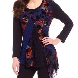 Calessa Long Sleeve Floral Burnout Velvet/Lace Patchwork Tunic Size L NWT